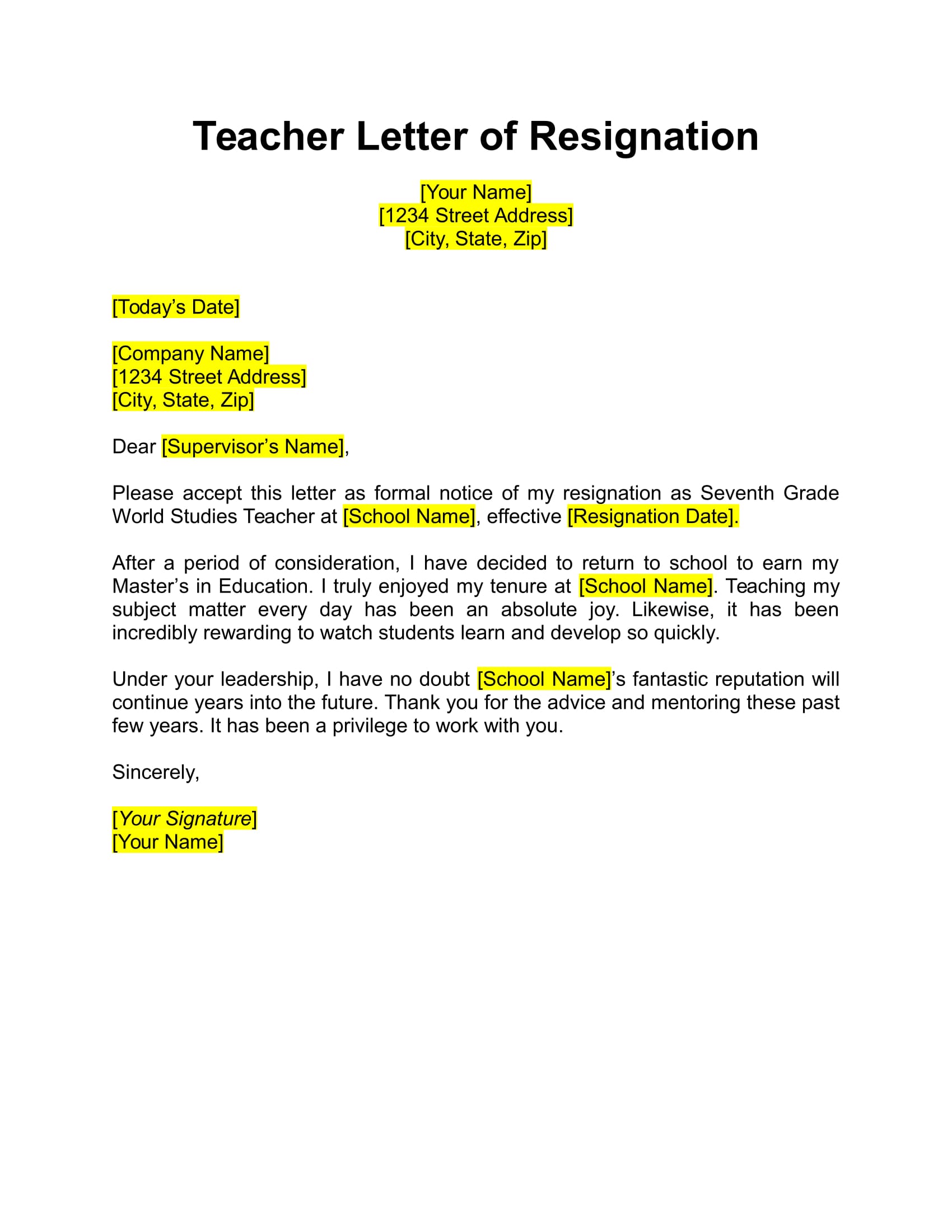 Teacher Letter Of Resignation Sample