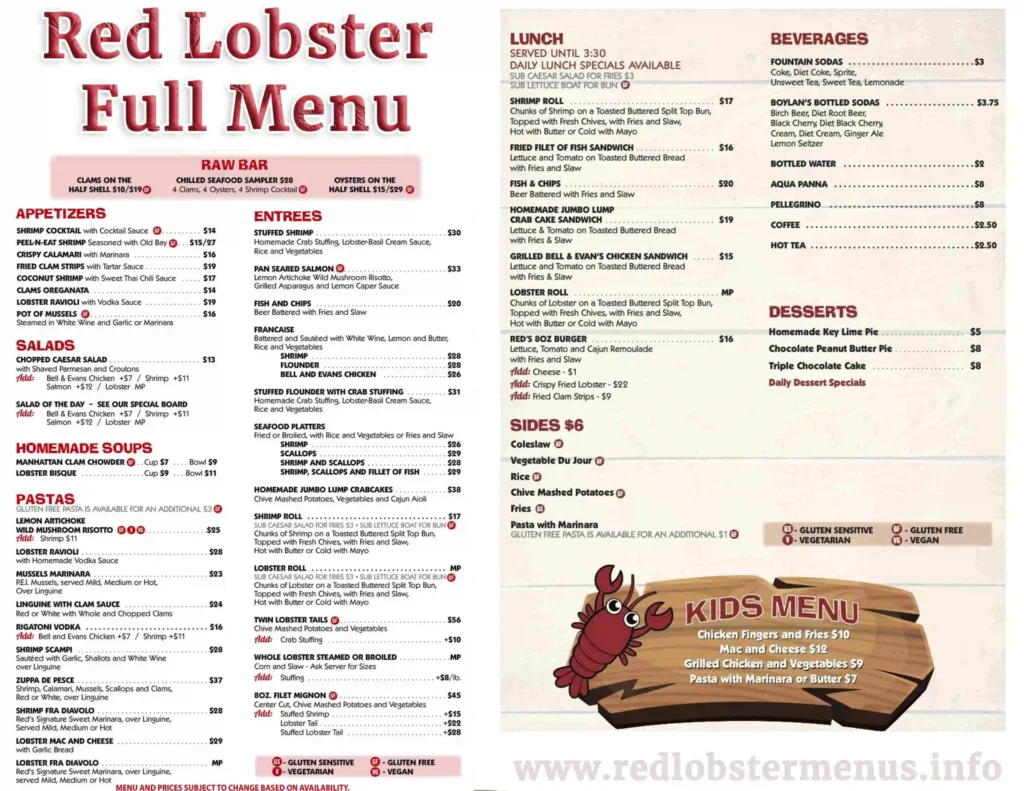 Red Lobster Menus  - Menu Examples, AI Menu Generator
