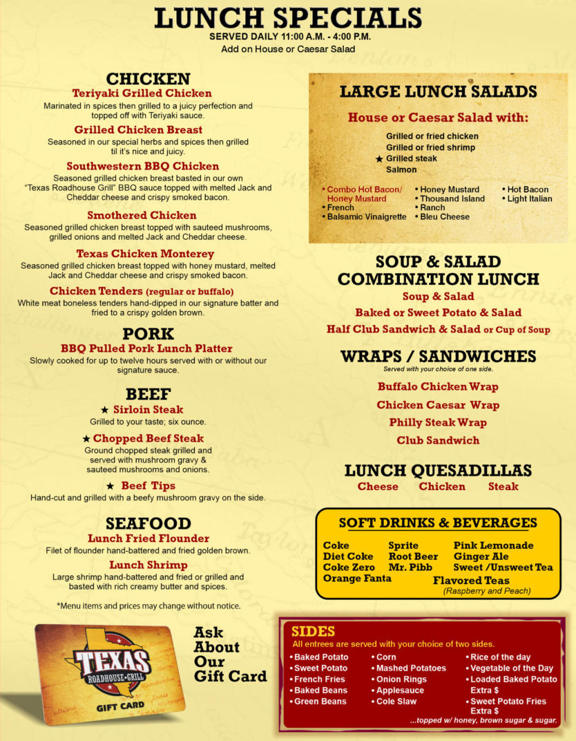 Texas Roadhouse Menus  - Menu Examples, AI Menu Generator