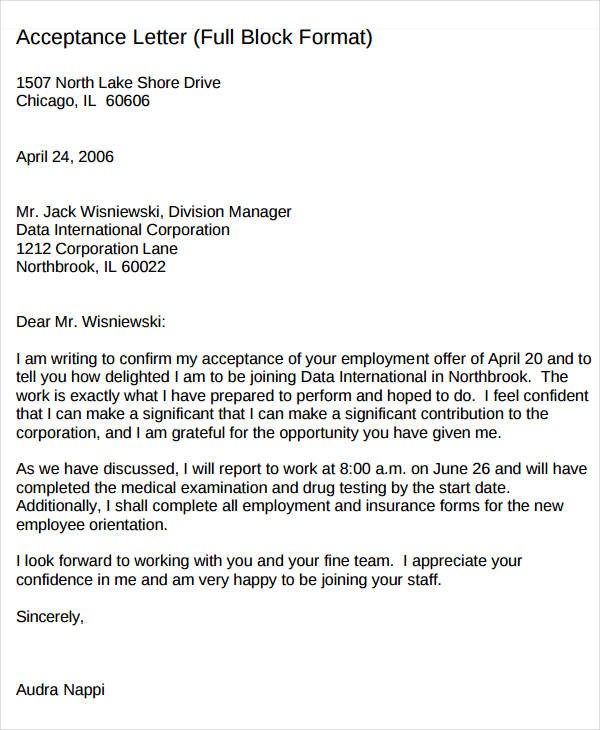 Acceptance of Employee Offer Letter