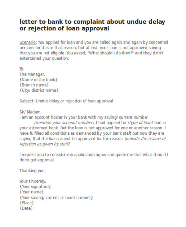 bank loan complaint letter