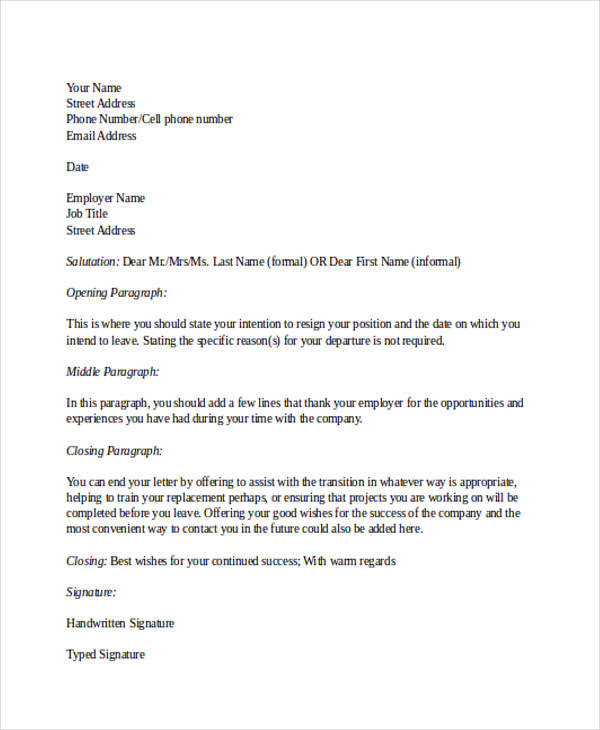 basic two weeks notice letter