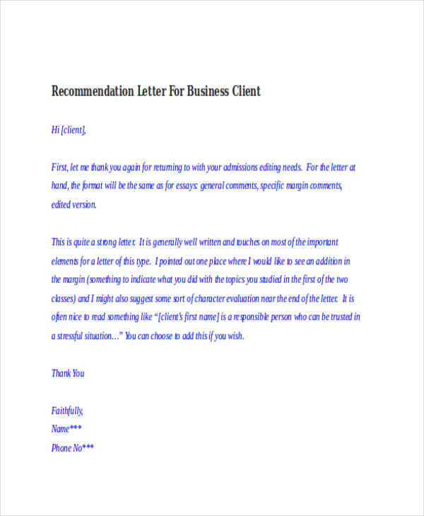 business client recommendation letter