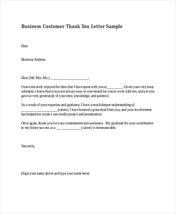 Business Customer Thank You Letter Sample