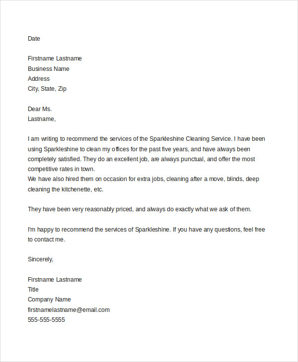 Business Recommendation Letter For A Company