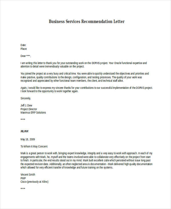 business services recommendation letter