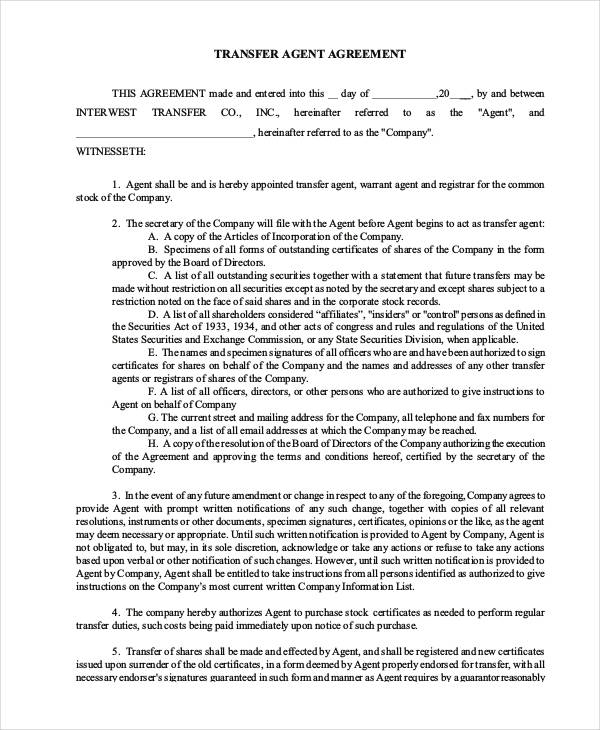 Business Transfer Agent Agreement