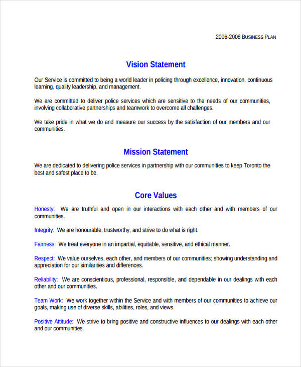 vision statement in business plan example