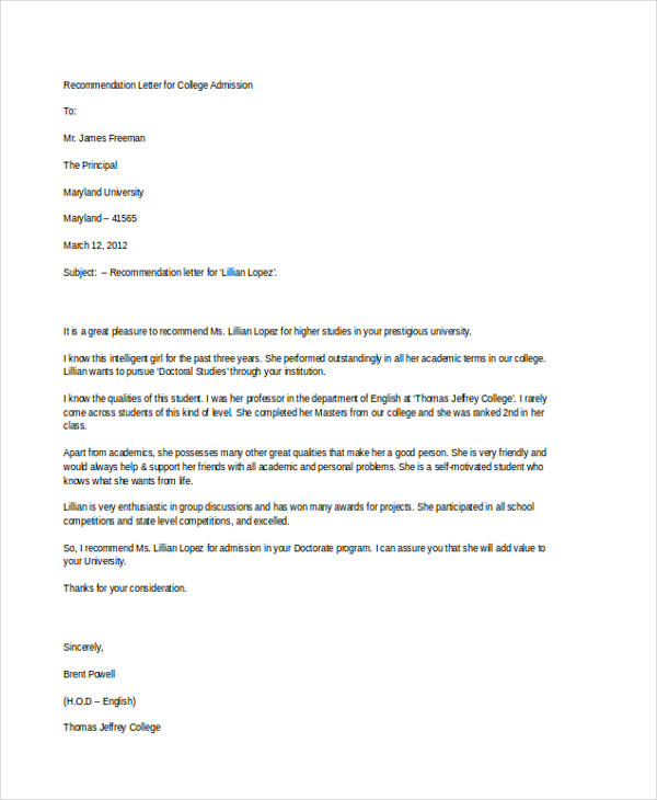 Sample Recommendation Letter For Graduate Student From Professor