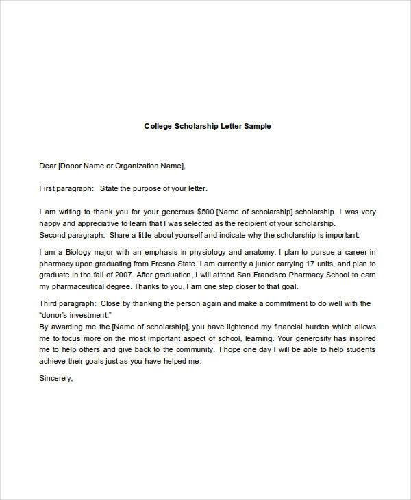 college scholarship letter sample