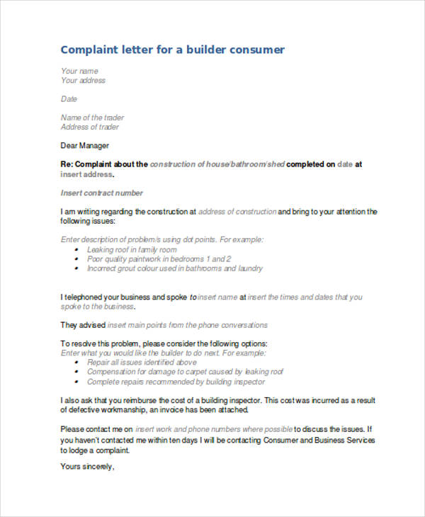 sample complaint letter to manufacturer