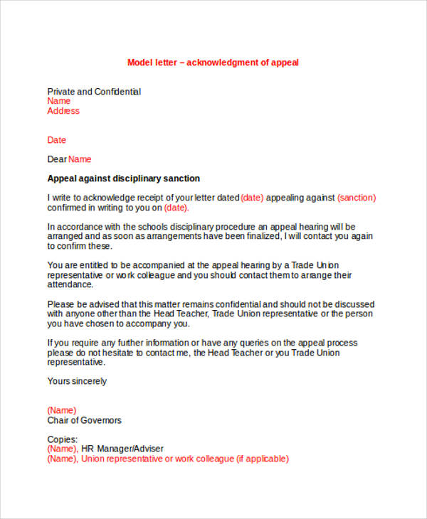 disciplinary appeal acknowledgement letter