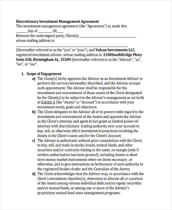 discretionary investment management agreement
