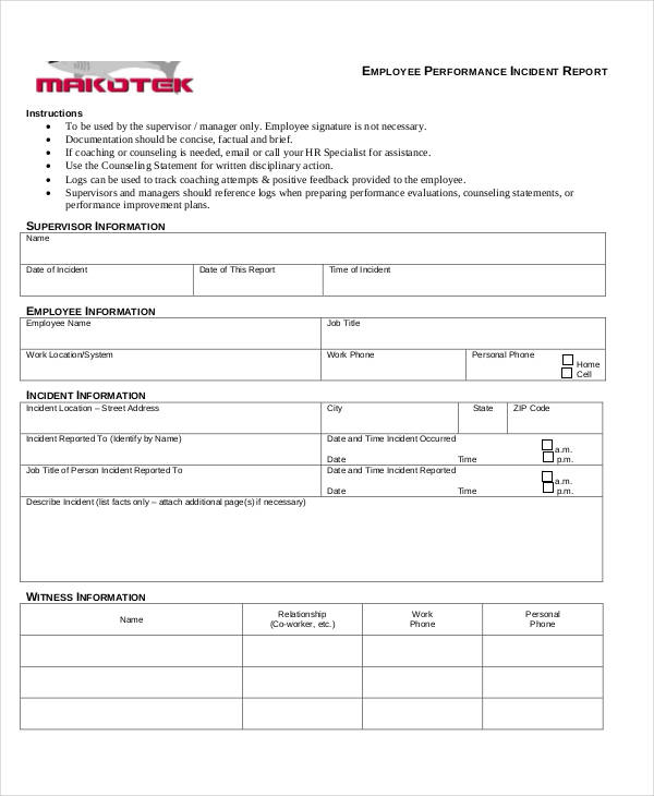 Employee Performance Incident Report