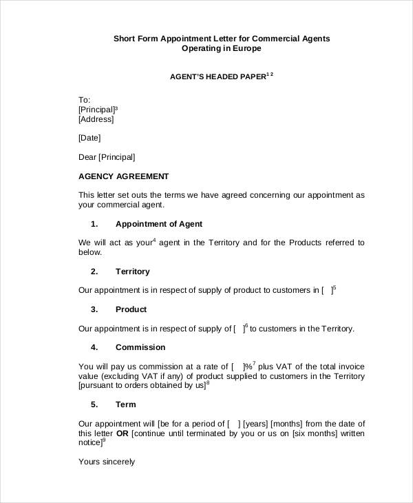 exclusive agent appointment letter
