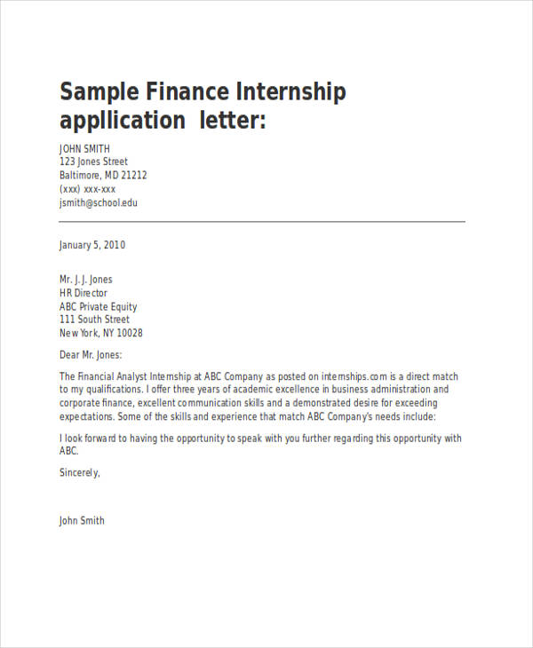 Finance Internship Application Letter