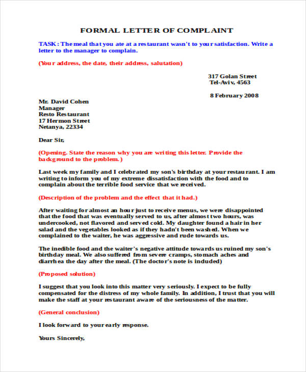 Sample Letter Of Complaint About Food