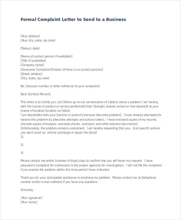 formal business complaint letter