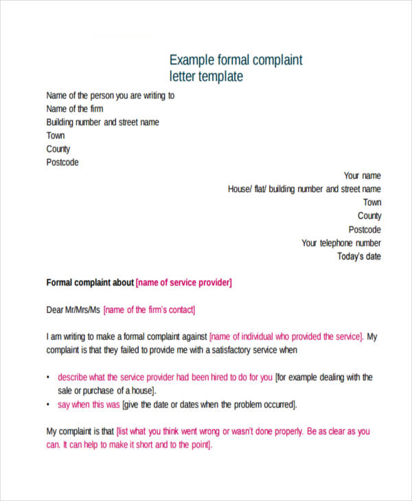 formal employee complaint letter
