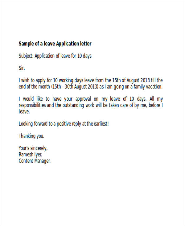 formal leave application letter