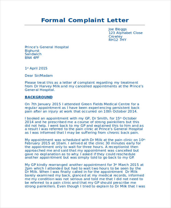 formal medical complaint letter