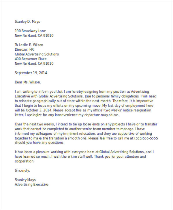 Formal Two Weeks Notice Letter