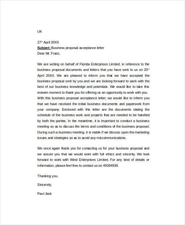 free business proposal acceptance letter
