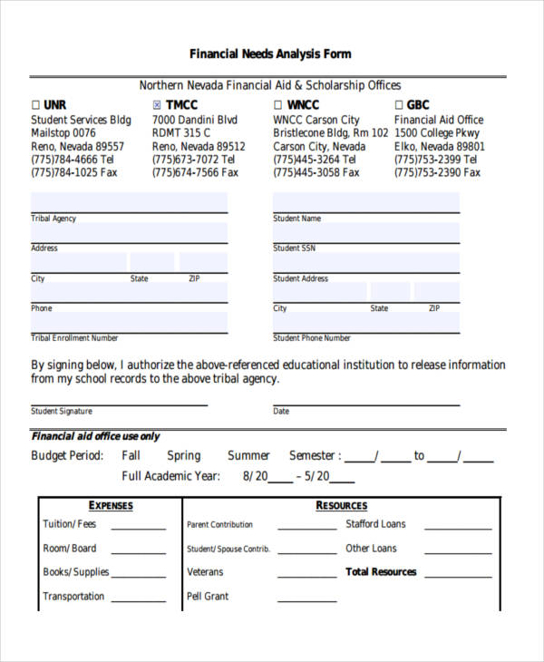 unr financial aid forms
