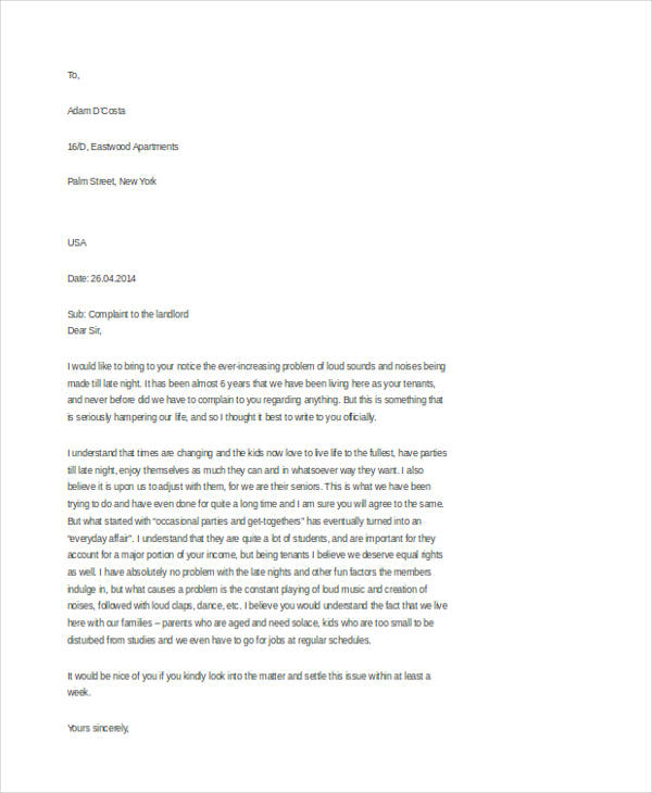 free landlord complaint letter