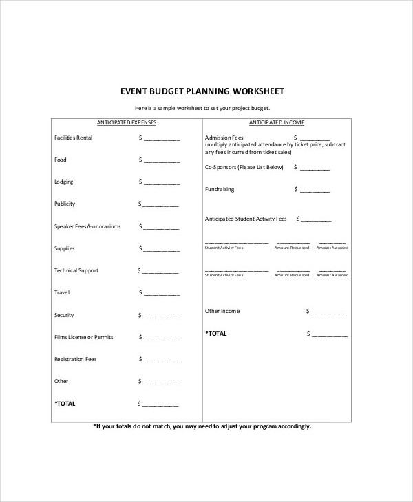 free planning budget sample