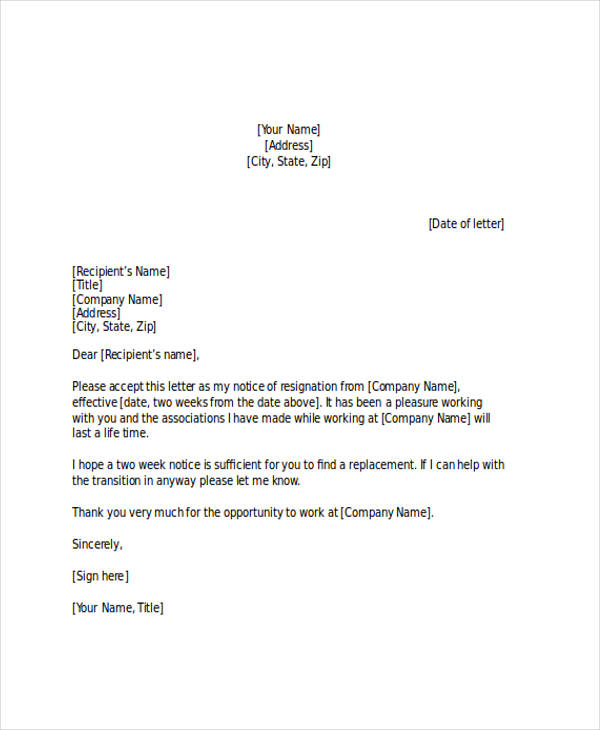 Two Weeks Notice Letter - 21+ Examples, Format, Sample | Examples