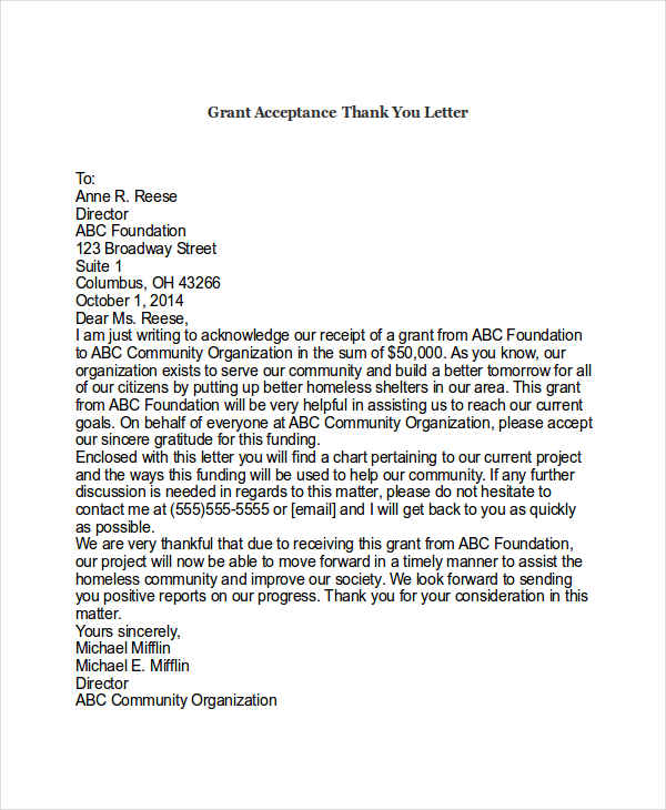 grant acceptance thank you letter