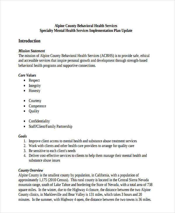 Health Service Implementation Plan