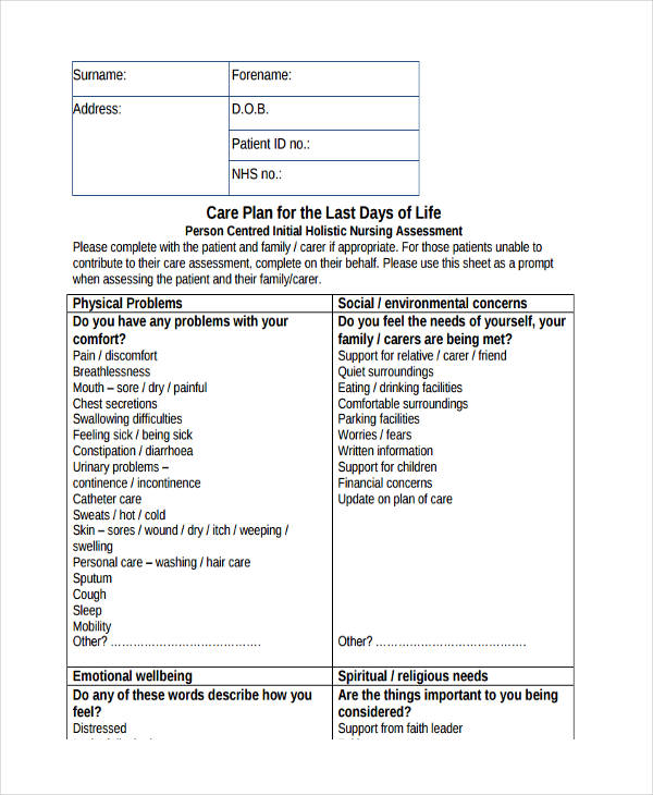 Initial Holistic Nursing Assessment