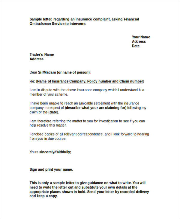 insurance claim complaint letter