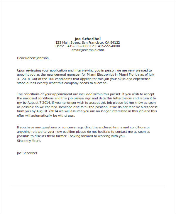job offer appointment letter