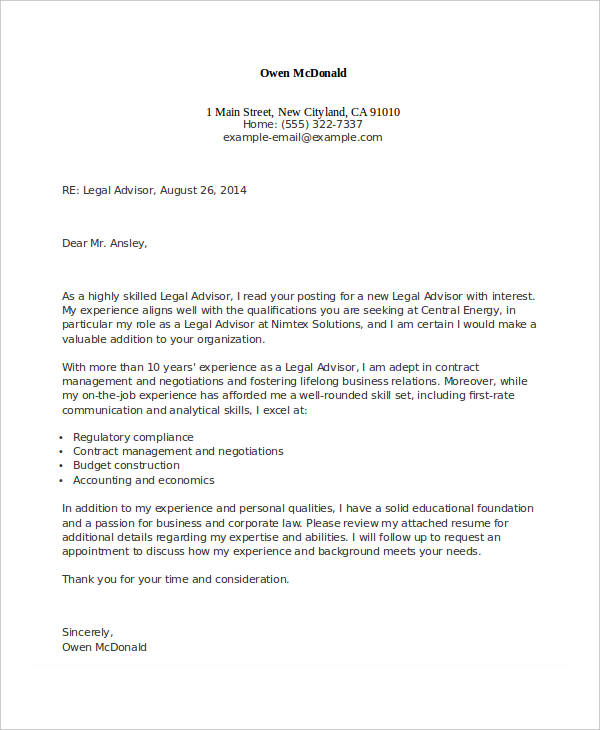 application letter for legal advisor