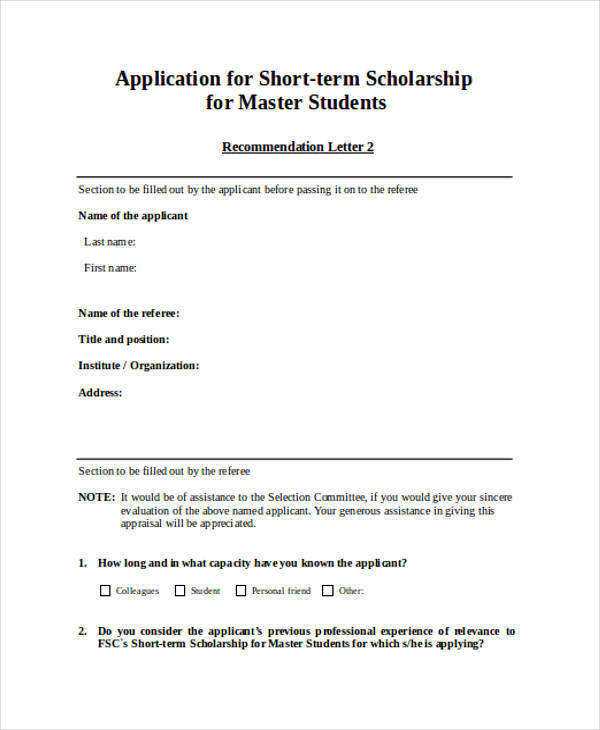 master scholarship recommendation letter