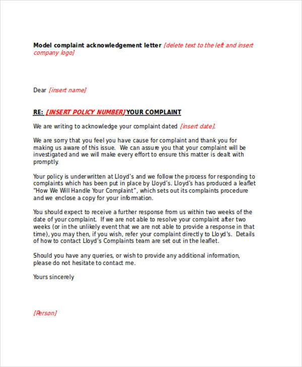 Model Complaint Acknowledgement Letter