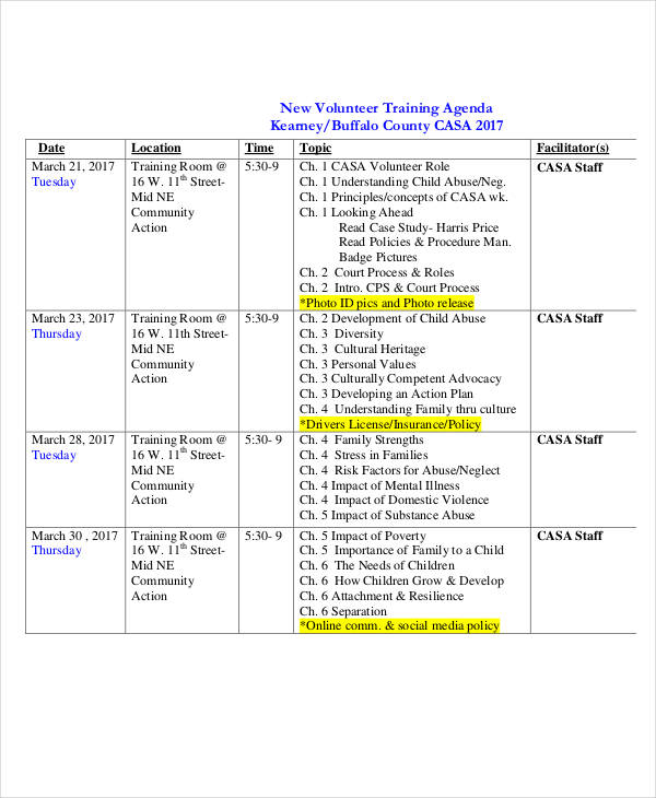 New Volunteer Training Agenda