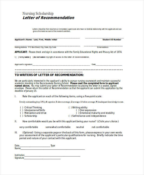 nursing scholarship recommendation letter