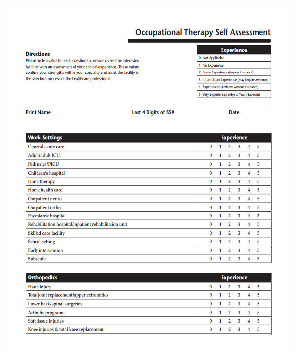 Student Self Assessment Chart