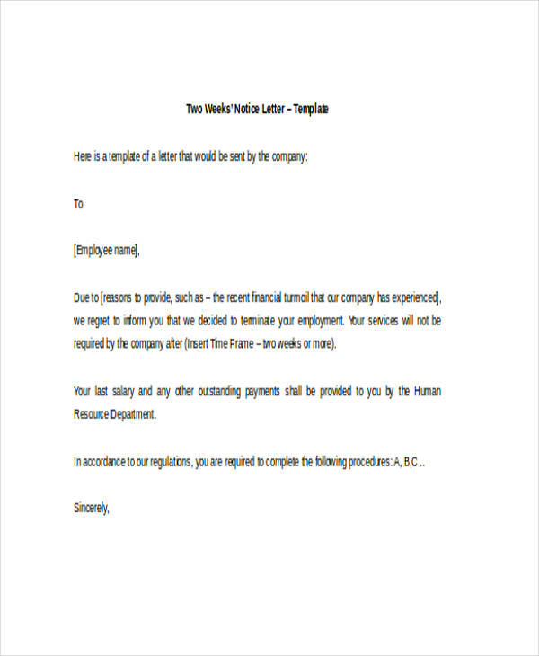 Cna Two Weeks Notice Letter - Sample Resignation Letter