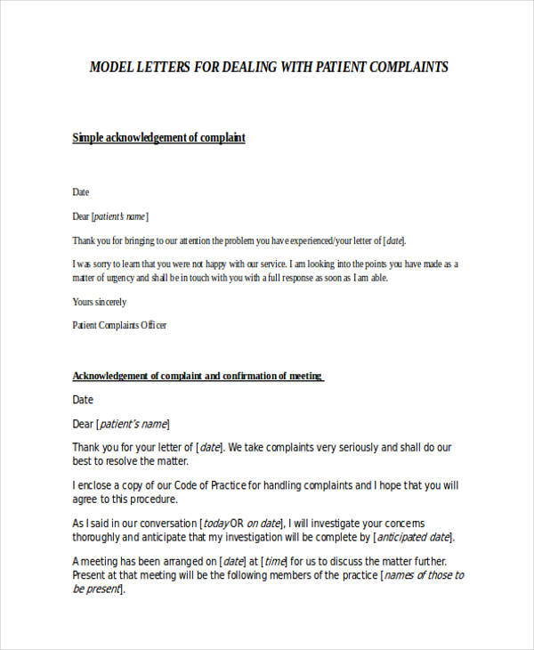 patient complaint acknowledgement letter