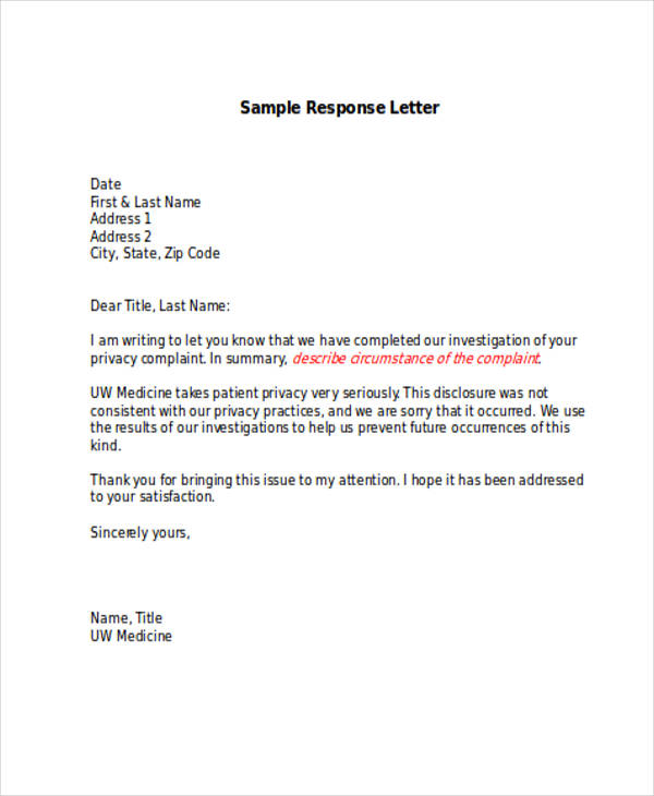 patient complaint response letter