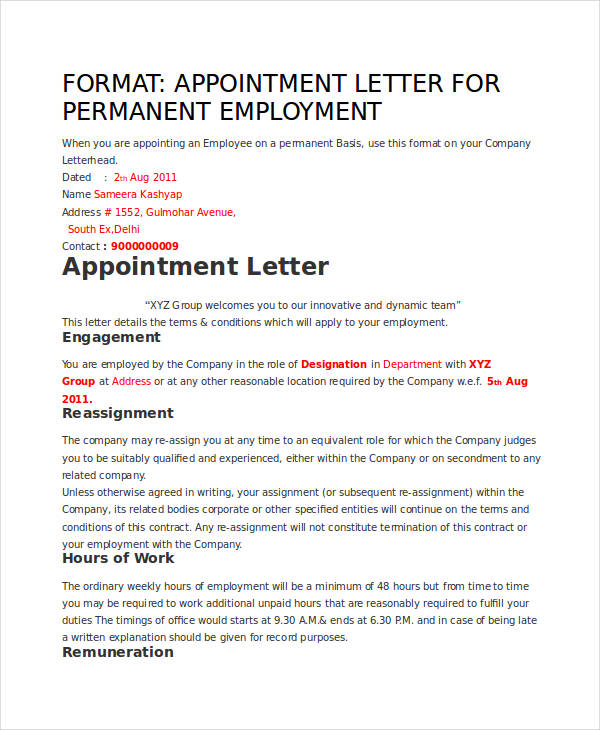 application letter for permanent position in pdf