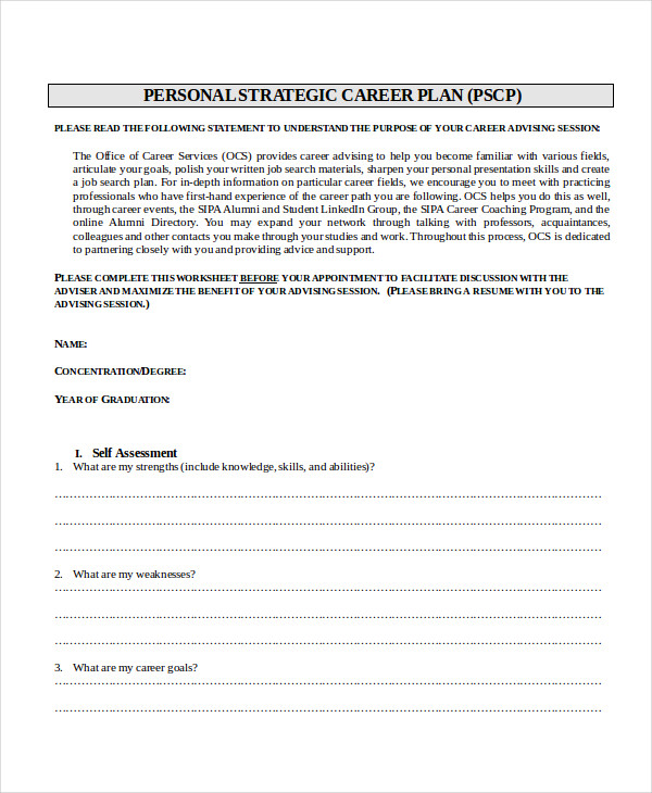 personal strategic career plan template