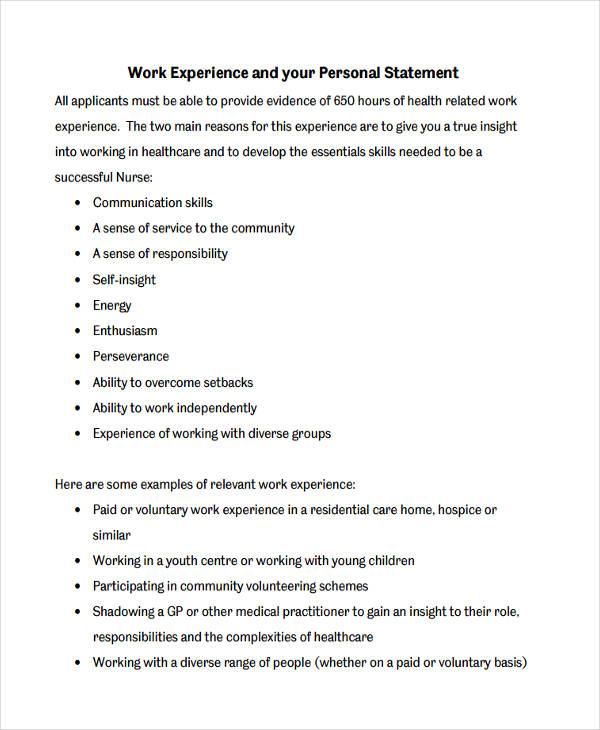 personal statement examples work experience