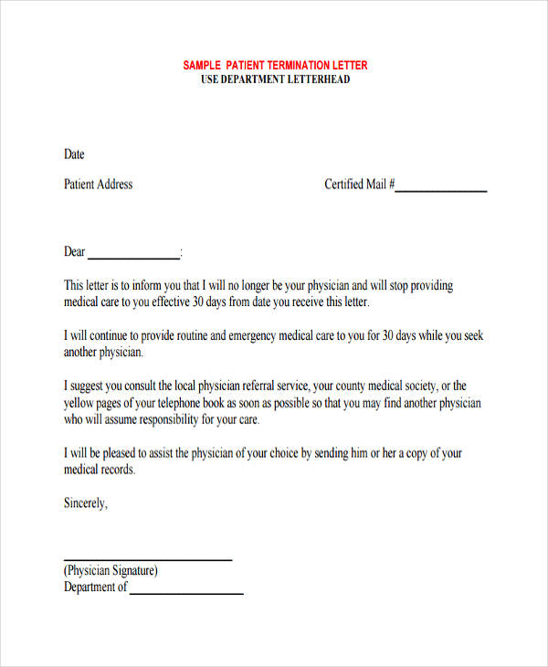 physician patient termination letter sample