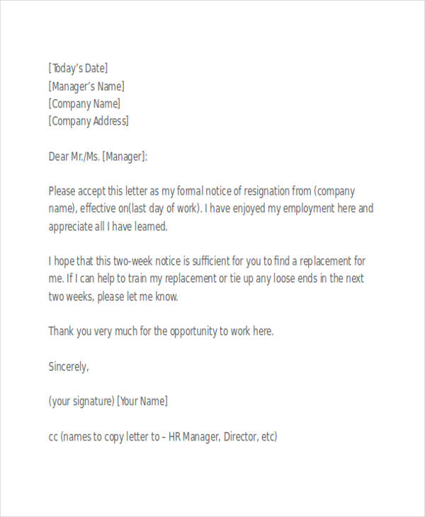 FREE 21+ Two Weeks Notice Letter Examples & Samples in